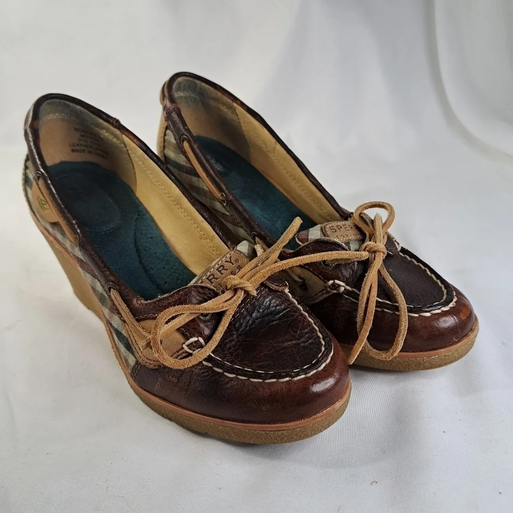 SPERRY Brown w/Brown Plaid Wedged Top Sider Loafer Women's Size 7